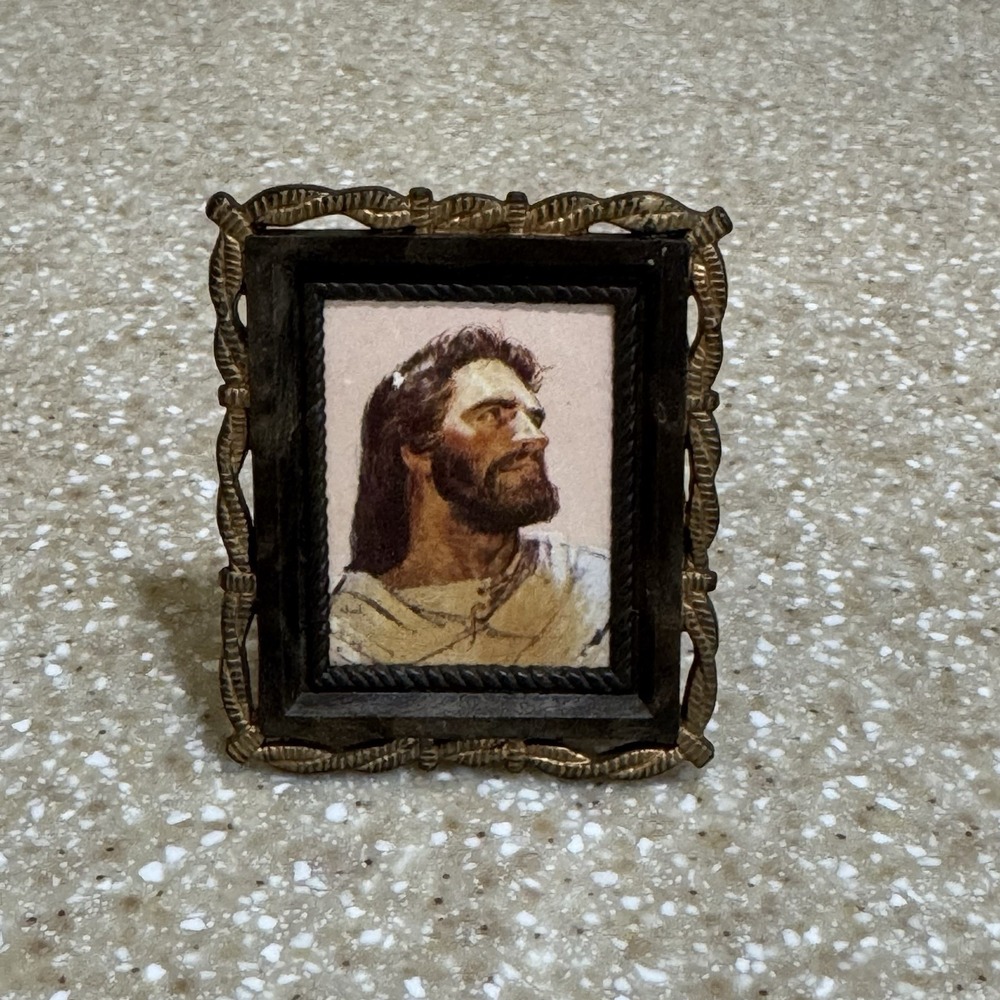 Religious Miniature Picture Vintage Mini Jesus Christ Plastic Gold Frame 2" VTG